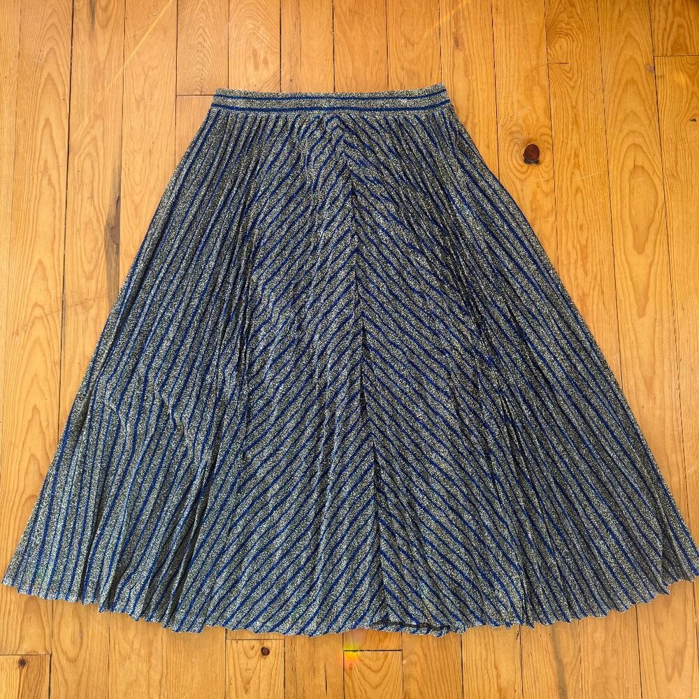 Beulah Metallic Silver w/ Blue, Metallic Pleated Party Skirt, Size X, Long